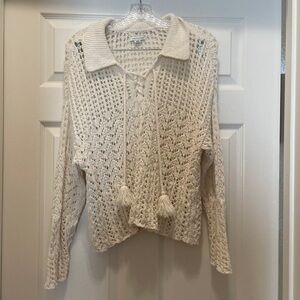 American Eagle Crochet Loose Knit Polo Sweater Cream Tassels Modern Flare Size M